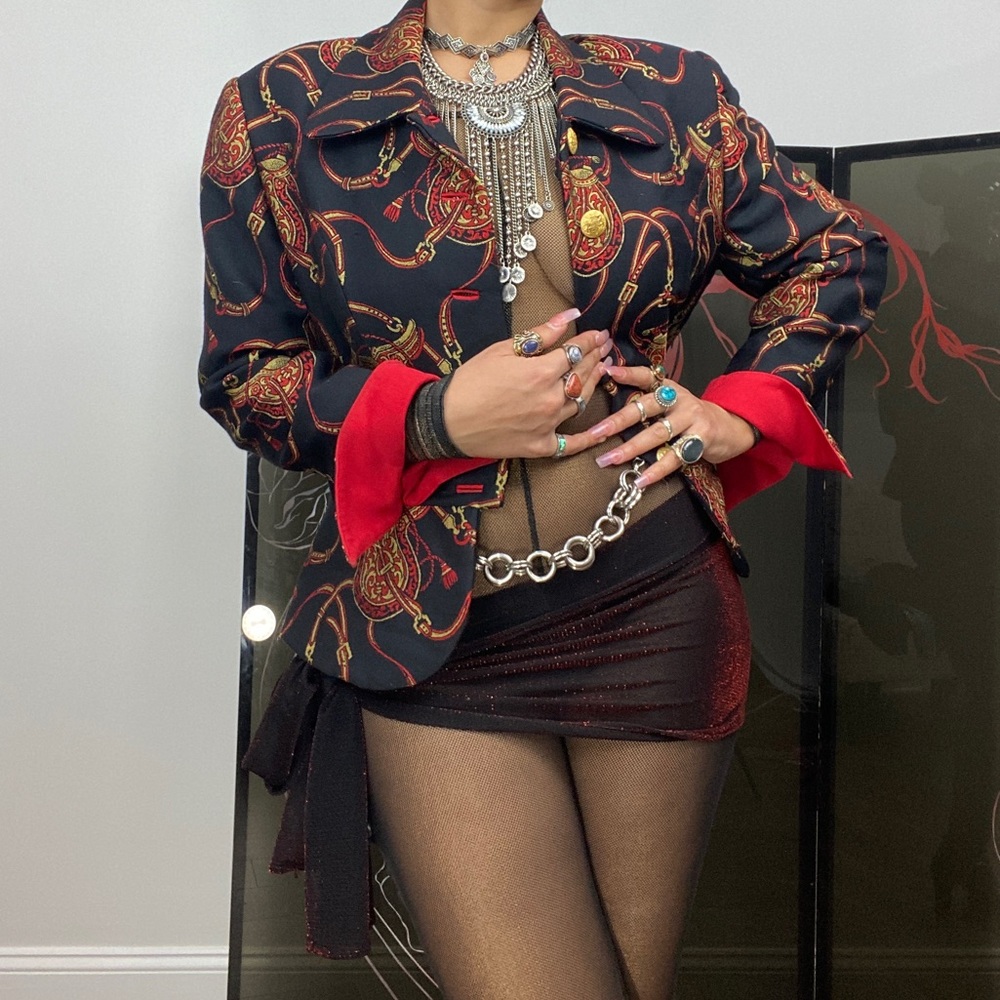 THE FLYEST vintage blazer jacket with hot red cuffs and gold royal design
